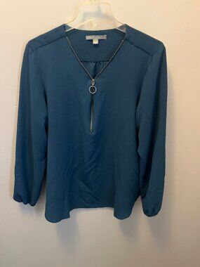 Women's Valerie Stevens Blouse, Teal Blue, Size L, Long Sleeve, Zip yoke Ex Con!